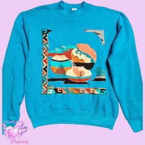 Vintage womens M crew neck Aztec abstract patchwork blue long sleeve sweater